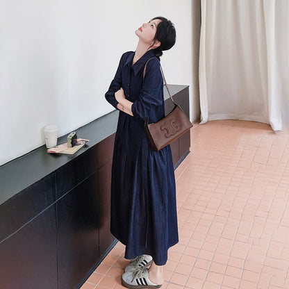 【ワンピース】レトロカジュアル ゆったりデニム 長袖ワンピース レディース フレンチエレガント 学院風 シャツワンピース【JZシリーズ】