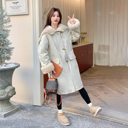 【アウター】大きめファーカラー ボアパーカー ダウンコート レディース 冬 トグルボタン ミディ丈【JZシリーズ】