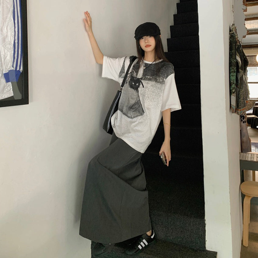 【トップス】Tシャツ レディース キャットプリント 猫柄 クルーネック 半袖 コットン100% オーバーサイズ カジュアル【JZシリーズ】