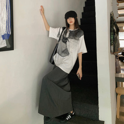 【トップス】Tシャツ レディース キャットプリント 猫柄 クルーネック 半袖 コットン100% オーバーサイズ カジュアル【JZシリーズ】