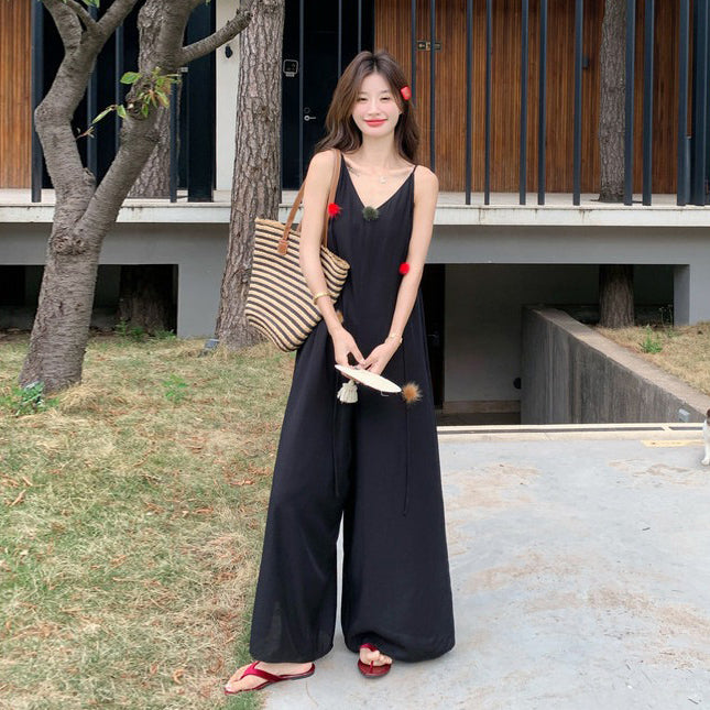 【ボトムス】夏 トレンド ファー付き ノースリーブキャミソール オールインワン