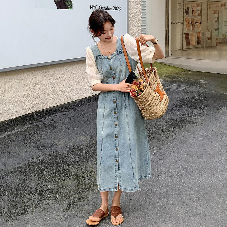 【ワンピース】ウエストマークで細見え デニム 半袖 ワンピース 夏 カジュアル＆甘めフェミニンスタイル【JZシリーズ】
