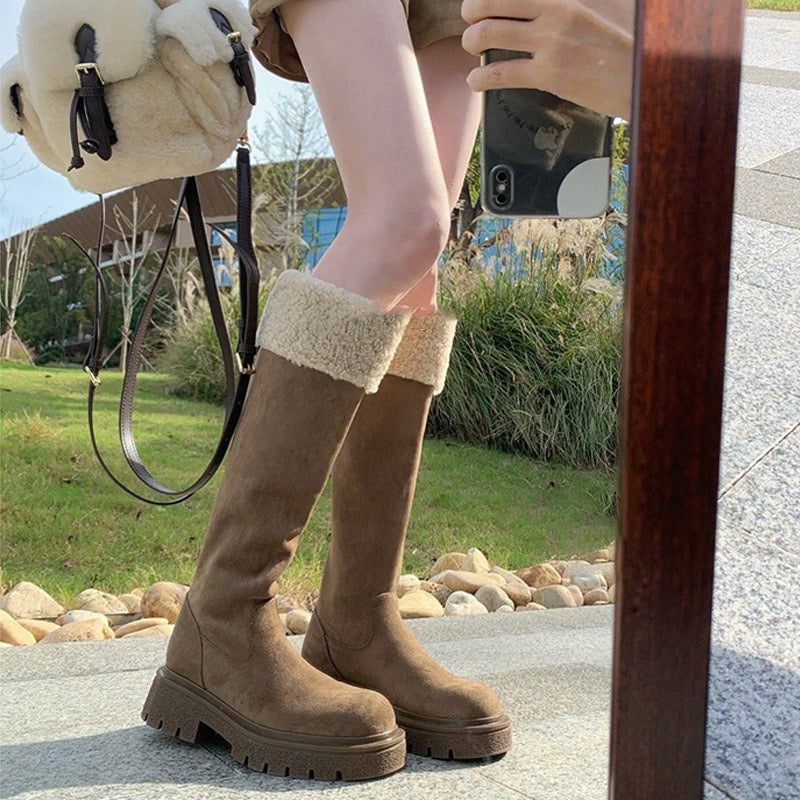 【シューズ】秋冬 新作 厚底 裏起毛 バックジップ ロングブーツ 太ヒール スエード調 【25~30日発送】