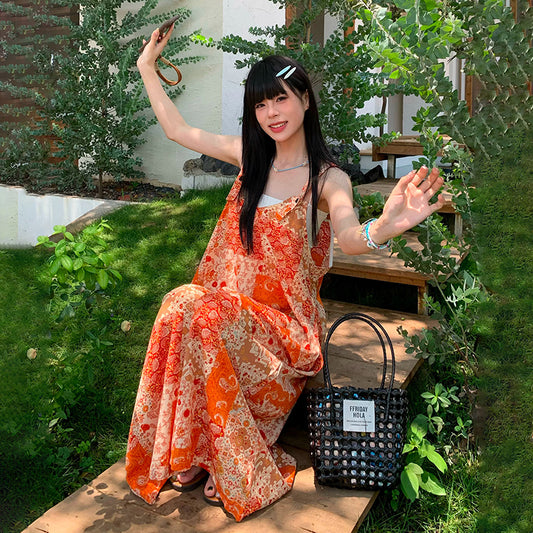 【ボトムス】オレンジ柄 サロペット レディース オールインワン 夏 オーバーサイズ ゆったり ワイドパンツ リラックス カジュアル 体型カバー【SHシリーズ】
