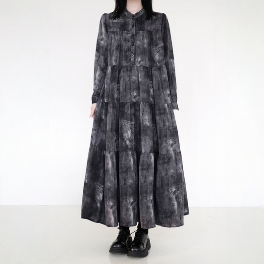 【ワンピース】タイダイ 体型カバー ダーク系 シワになりにくい 長袖 ワンピース 【AHシリーズ】