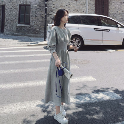 【ワンピース】ブルー丸首スウェットワンピース レディース 春秋新作 韓国風 ゆったり 気質 ウエストマーク 長袖ワンピース【JZシリーズ】