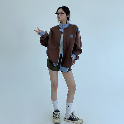 【アウター】ユニセックス スタンドカラーショートブルゾン アメカジ風 配色切り替え ビッグシルエット【FCシリーズ】【10～15日内発送】