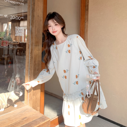 【ワンピース】くすみブルー刺繍ワンピース レディース 小柄さん向け ゆったり 大人可愛い 秋コーデ【SHシリーズ】