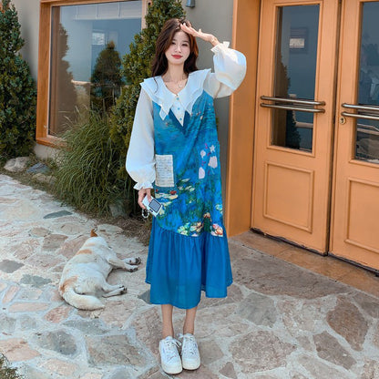 【ワンピース】スイート 花柄 チェック 切り替え 長袖ワンピース レディース 春秋 細見え 可愛い マーメイドワンピース【シリーズ】