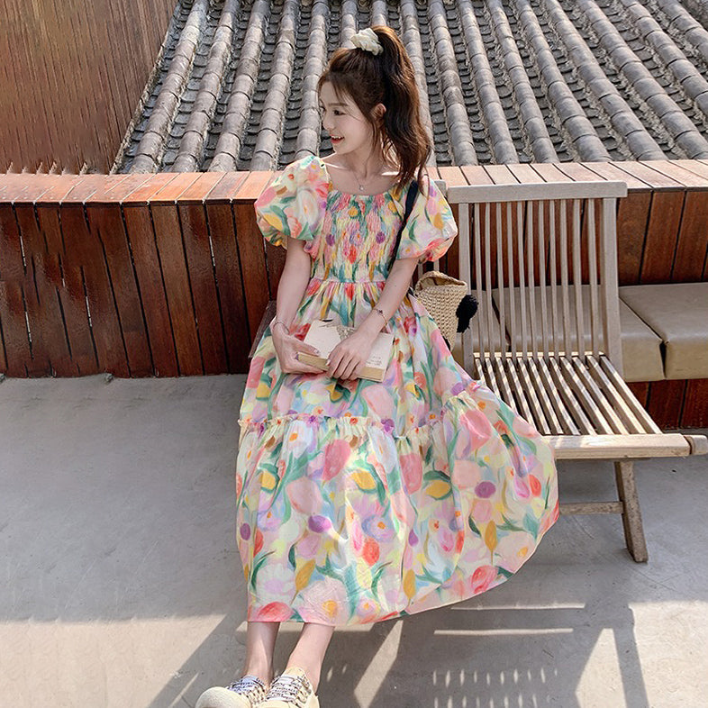 【ワンピース】夏新作 ドーパミン配色トレンド 小花柄 パフスリーブ 半袖ワンピース【SHシリーズ】