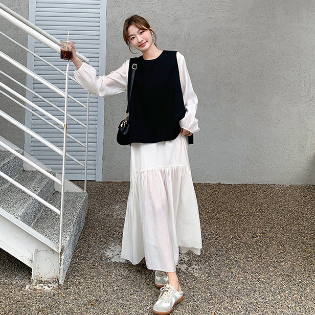 2点セット！【セットアップ】春夏秋 ヴィンテージ感あふれるベスト×ワンピースセットアップ  ゆったりシルエット ワンピ 2点セット 韓国風コーデ【JZシリーズ】