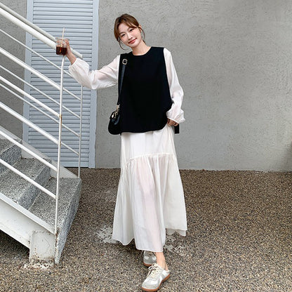 2点セット！【セットアップ】春夏秋 ヴィンテージ感あふれるベスト×ワンピースセットアップ  ゆったりシルエット ワンピ 2点セット 韓国風コーデ【JZシリーズ】