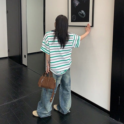 【トップス】リラックス感 ボーダー ヴィンテージ風 オーバーサイズ 半袖 Tシャツ 【FCシリーズ】