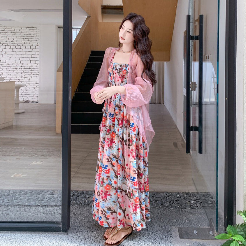 2点セット！【セットアップ】大人可愛い 花柄キャミワンピース レディース シアーカーディガン セット ふんわり素材 リゾート風 夏コーデ【SHシリーズ】