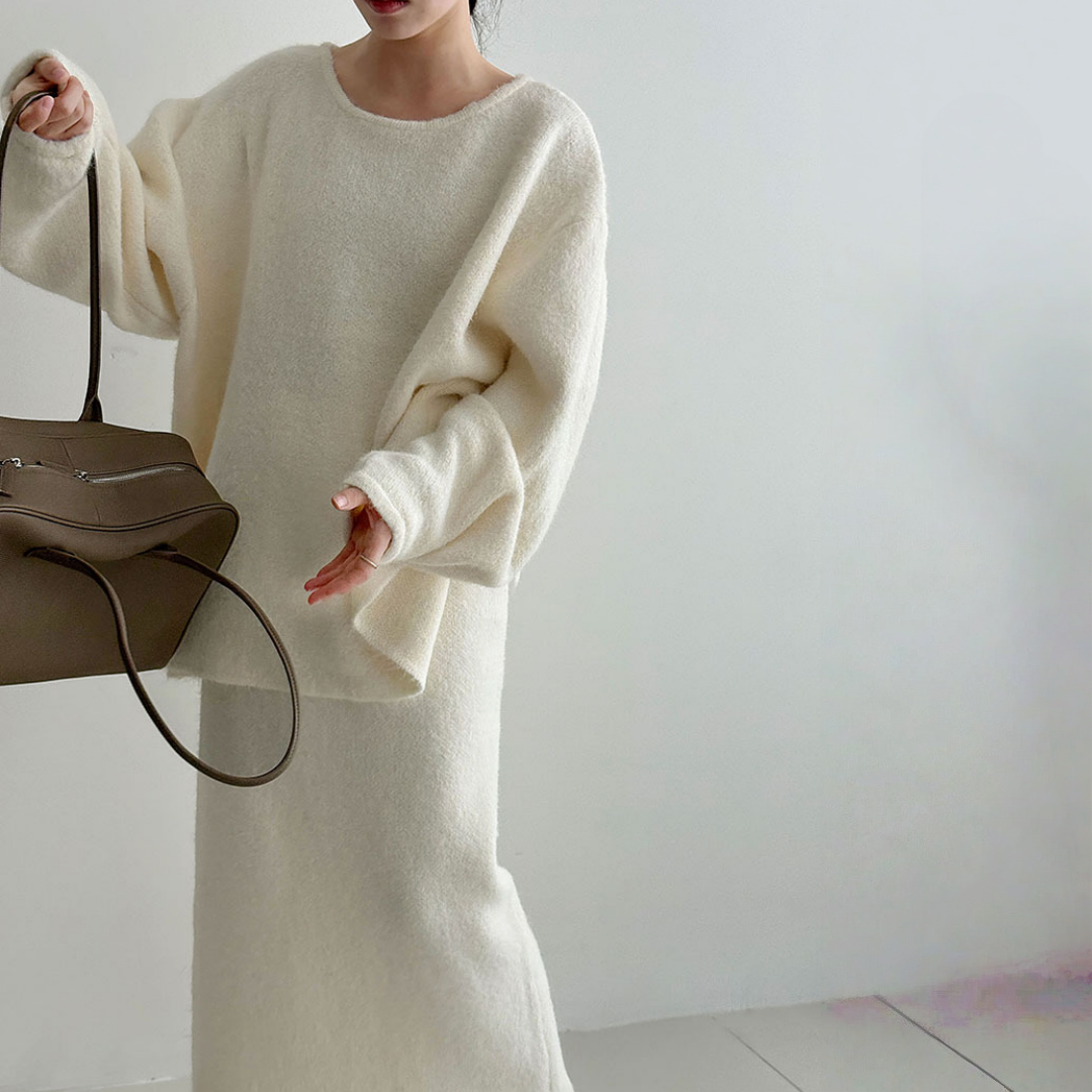 【セットアップ】春 秋 冬 バックボタンニット セーター + スカート 2点上下セット 【JZシリーズ】