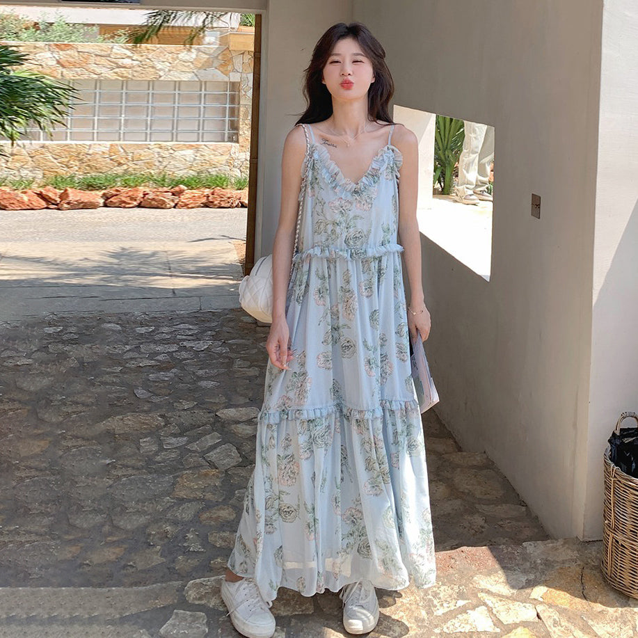 【ワンピース】ブルー ノースリーブ キャミソール 花柄ワンピース リゾート風 ゆったり スリム見え 夏【SHシリーズ】