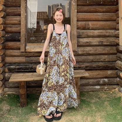 【ボトムス】夏新作 優雅に揺れる 雪青フラワー柄 オーバーサイズサロペット オールインワン【SHシリーズ】