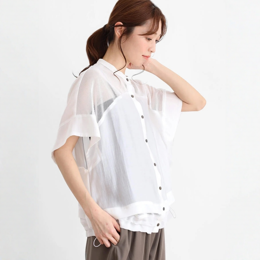 【トップス】ドローストリング エレガント 半袖 メッシュ切り替え Ｔシャツ 【JZシリーズ】