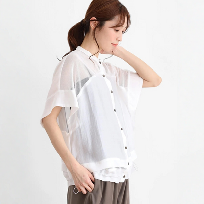 【トップス】ドローストリング エレガント 半袖 メッシュ切り替え Ｔシャツ 【JZシリーズ】