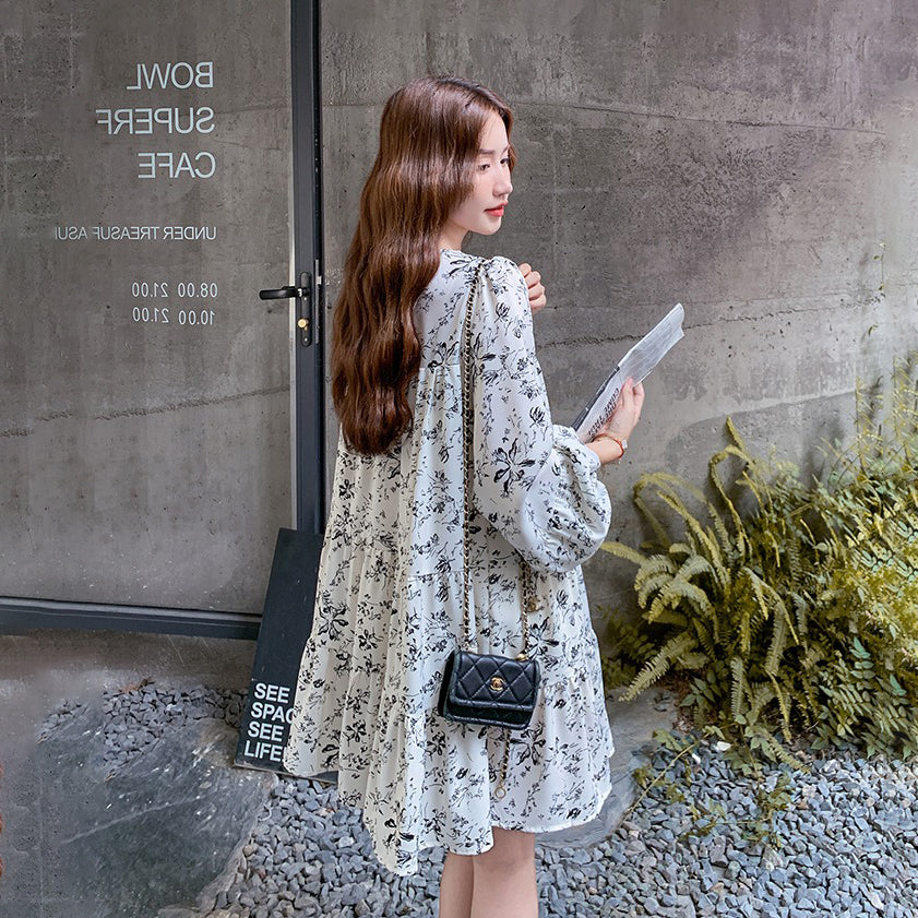 【ワンピース】花柄 ミニ丈 長袖ワンピース 春夏秋 体型カバー 細見え 着回し万能【SHシリーズ】