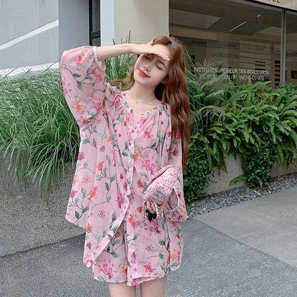 3点セット！【セットアップ】夏 日焼け防止 長袖プリントシャツ＋キャミソール＋ショートパンツ 3点上下セット【SHシリーズ】