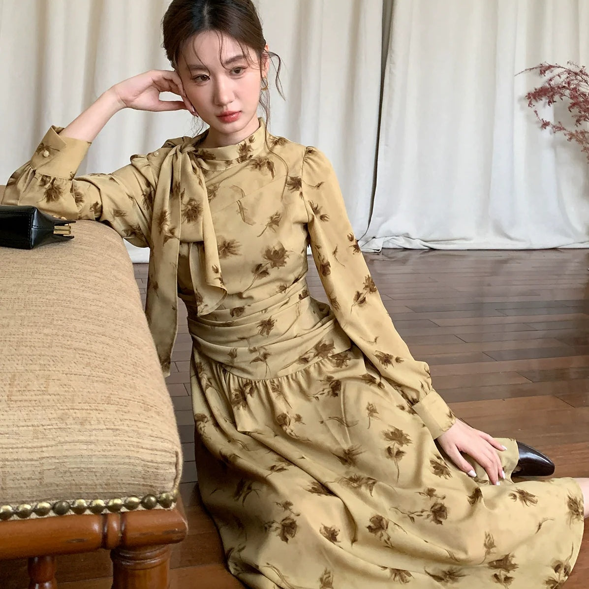 【ワンピース】春 秋 冬 リボンタイ襟 リント プリント ウエストマーク 花柄 ワンピース 【JZシリーズ】