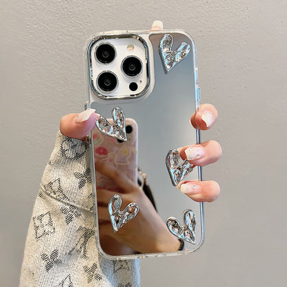 【グッズ】iPhone 15 Pro Max / 16 Pro / 14 / 13 Pro / 12 / 11 用 高級感 インスタ風 メッキ加工 シワ加工 立体ハート 気質レディース ブレスレット風 ミラーケース スマホカバー