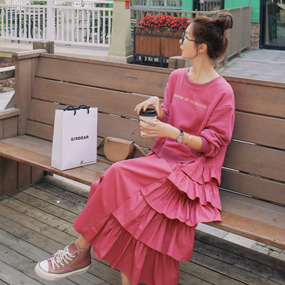 【ワンピース】個性派 かわいい ピンクスウェットワンピース レディース 春秋 ドーパミン風 ゆったり 長袖ワンピース【JZシリーズ】