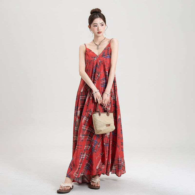 【ワンピース】チェック ワンピース レディース 夏 キャミワンピース ロング丈 ゆったり 人気 フレンチ風 上品 フェミニン リゾートコーデ【SHシリーズ】