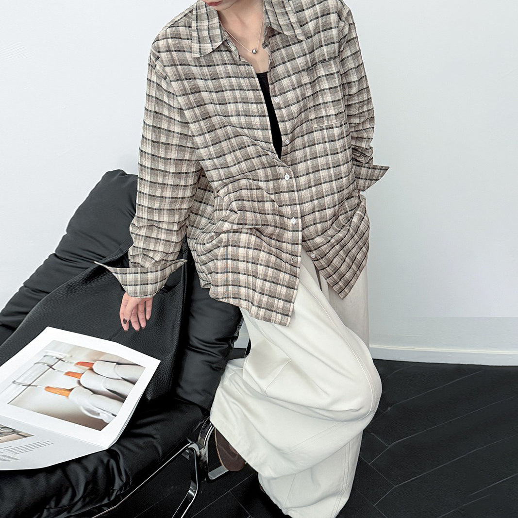 【トップス】韓国風ヴィンテージ チェック開襟シャツ ユニセックス ゆったり長袖シャツ【JZシリーズ】