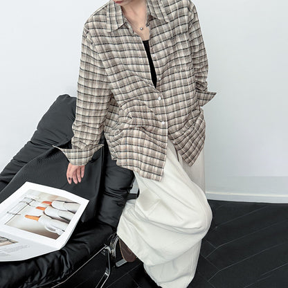 【トップス】韓国風ヴィンテージ チェック開襟シャツ ユニセックス ゆったり長袖シャツ【JZシリーズ】
