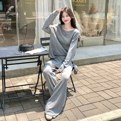 2点セット！【セットアップ】グレーニット 上下セット レディース オフショルダートップス＆ワイドパンツ ゆったり リラックス 秋コーデ【JZシリーズ】