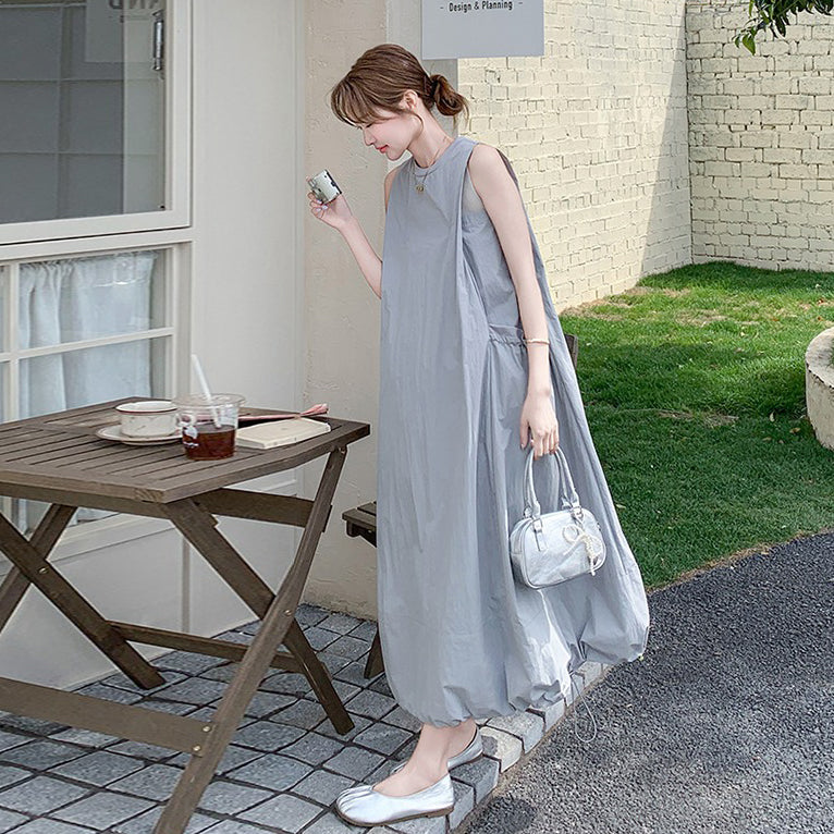 【ワンピース】グレーノースリーブワンピース 雰囲気たっぷりの抜け感シルエットで美しく見せる一枚【JZシリーズ】