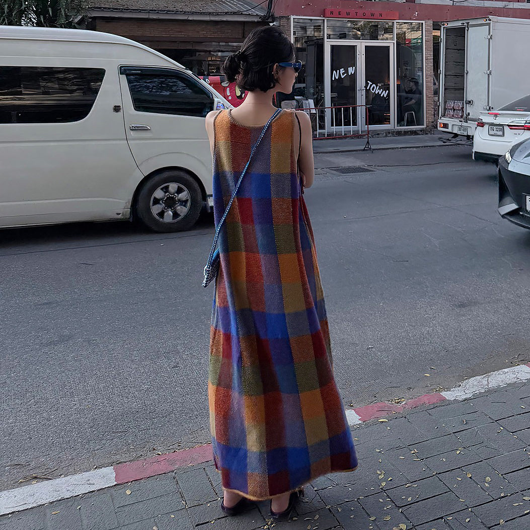 【ワンピース】カラフルチェック Uネックノースリーブオフショルダーワンピース レディース 夏新作 韓国風 ゆったりAラインロングドレス【SHシリーズ】