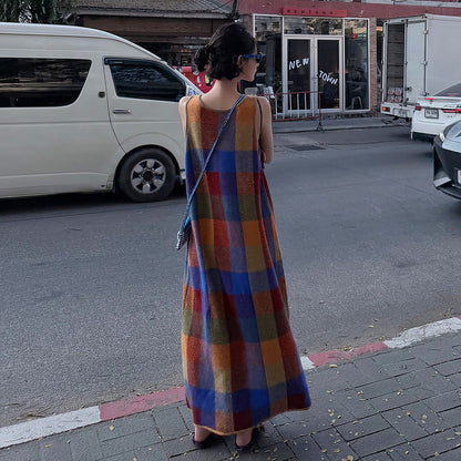 【ワンピース】カラフルチェック Uネックノースリーブオフショルダーワンピース レディース 夏新作 韓国風 ゆったりAラインロングドレス【SHシリーズ】