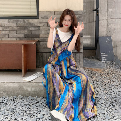 【ボトムス】夏 フレンチバカンス風 タイダイ油絵プリント オールインワン【SHシリーズ】