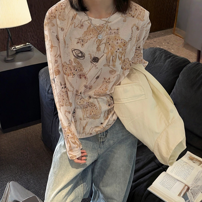 【トップス】ラウンドネック プリント 猫柄 長袖Tシャツ 【SHシリーズ】