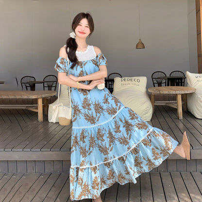 【ワンピース】リゾートワンピース レディース ブルー オフショルダー 花柄プリント レース切替 ロング丈 上品【SHシリーズ】