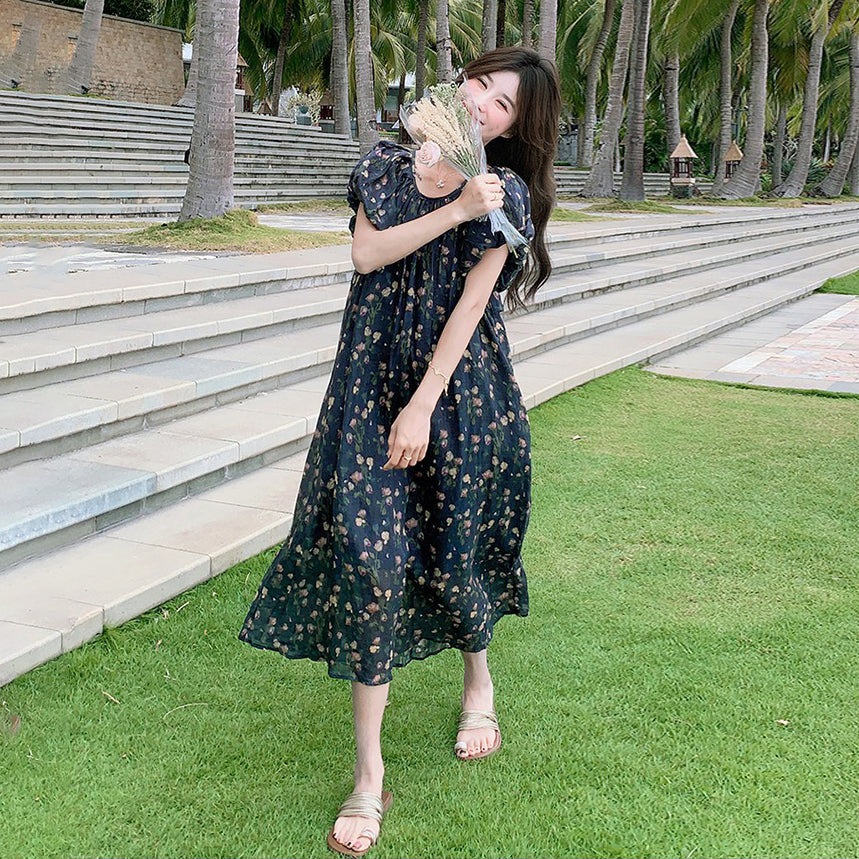 【ワンピース】ビーチリゾート風 リラックス感 花柄 半袖ワンピース レディース  個性的で美しいロングドレス【SHシリーズ】