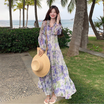 【ワンピース】ビーチ バカンス風 風油絵 小花柄 ワンピース 春夏 フレンチ 柔らかい雰囲気 長袖 日焼け防止 ドレス【SHシリーズ】