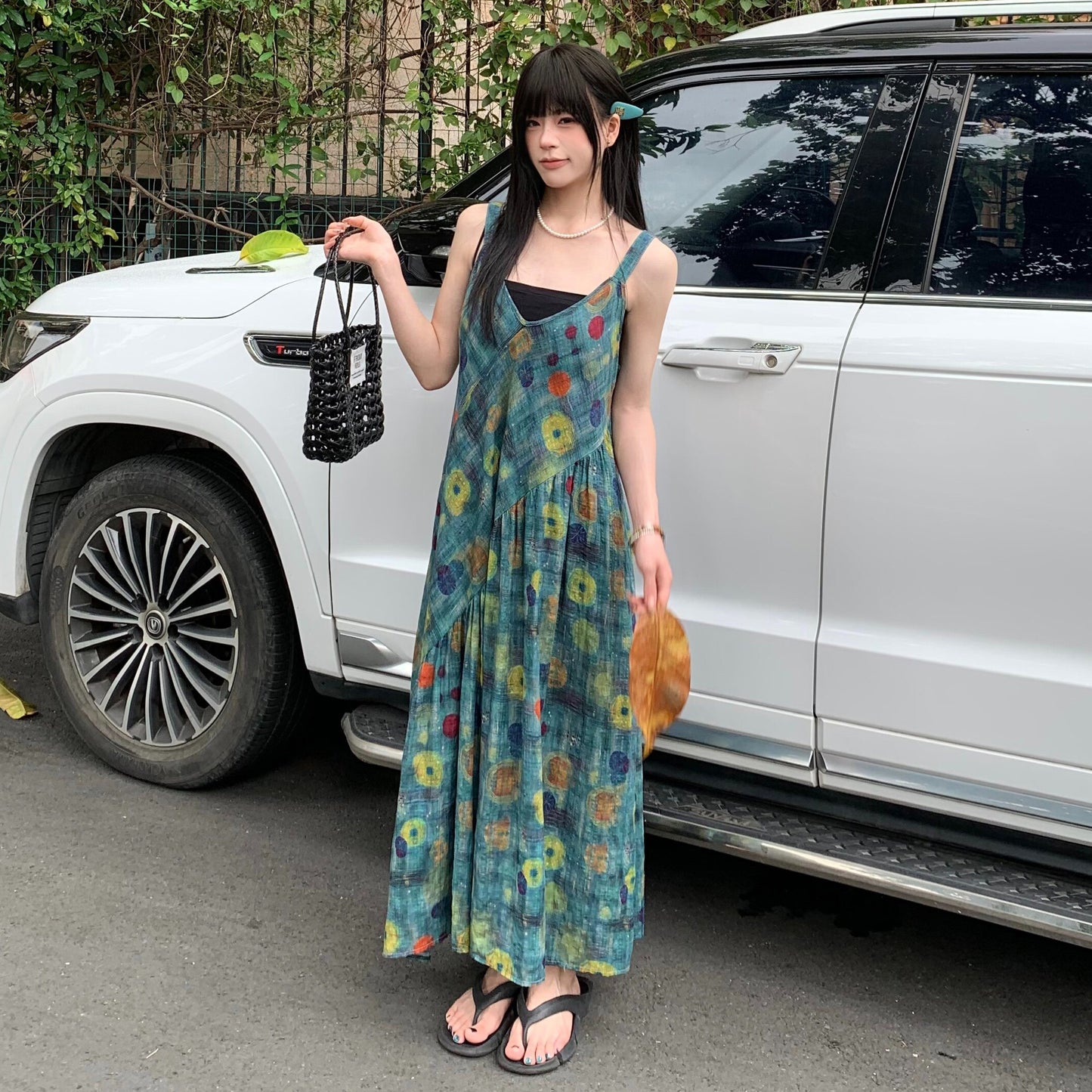 【ワンピース】オイルペイント柄 キャミワンピース レディース ノースリーブ 夏 ゆったり フレアロング丈 体型カバー リネン風 人気 リラックスコーデ【SHシリーズ】