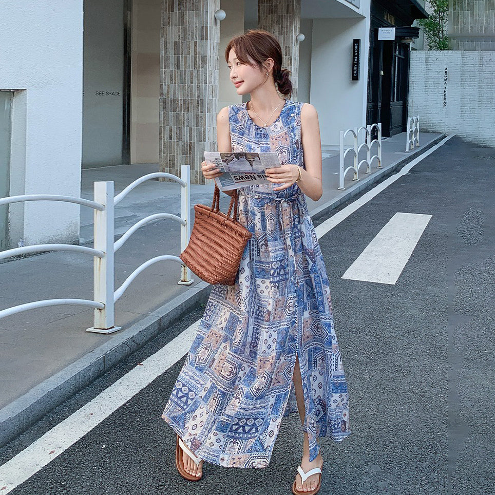 【ワンピース】韓国風エレガント リゾート民族風プリントノースリーブワンピース 【SHシリーズ】