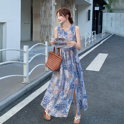 【ワンピース】韓国風エレガント リゾート民族風プリントノースリーブワンピース 【SHシリーズ】