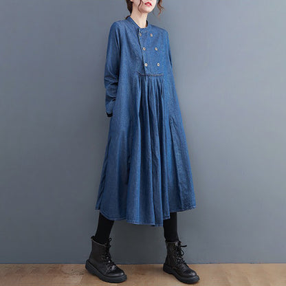 【ワンピース】大きいサイズ 文芸風 Aライン 長袖 デニムワンピース ロング丈 ゆったり 春新作【JZシリーズ】