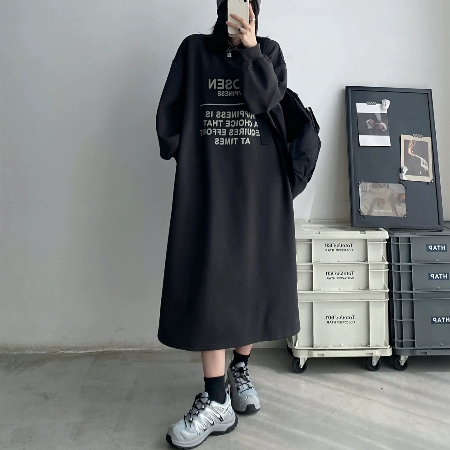 【24AW】【ワンピース】裏起毛 アルファベット ゆるリラックス 長袖 ワンピース【FCシリーズ】