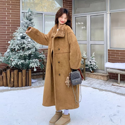 【アウター】韓国風 リバーシブル スエード調 × シープボア ロング丈 レディース 冬 新作 綿入れコート【JZシリーズ】