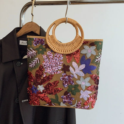 【バッグ】フラワー 竹ハンドル  刺繍 スパンコール バケットバッグ 【SHシリーズ】