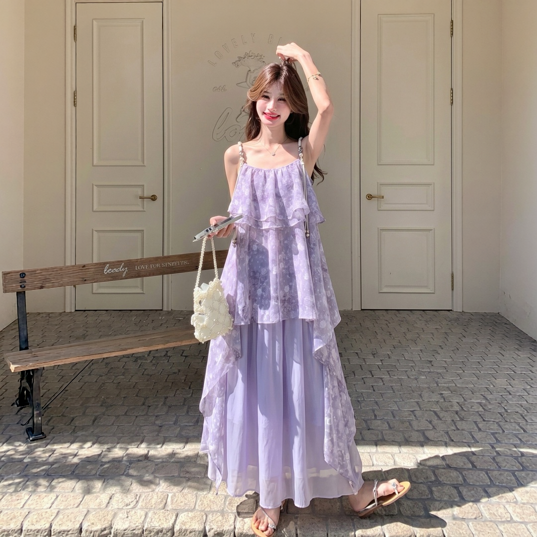 【ワンピース】→ アシンメトリーフリル 小花柄 華やか ロングワンピース 【SHシリーズ】