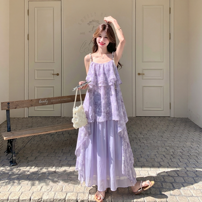 【ワンピース】→ アシンメトリーフリル 小花柄 華やか ロングワンピース 【SHシリーズ】