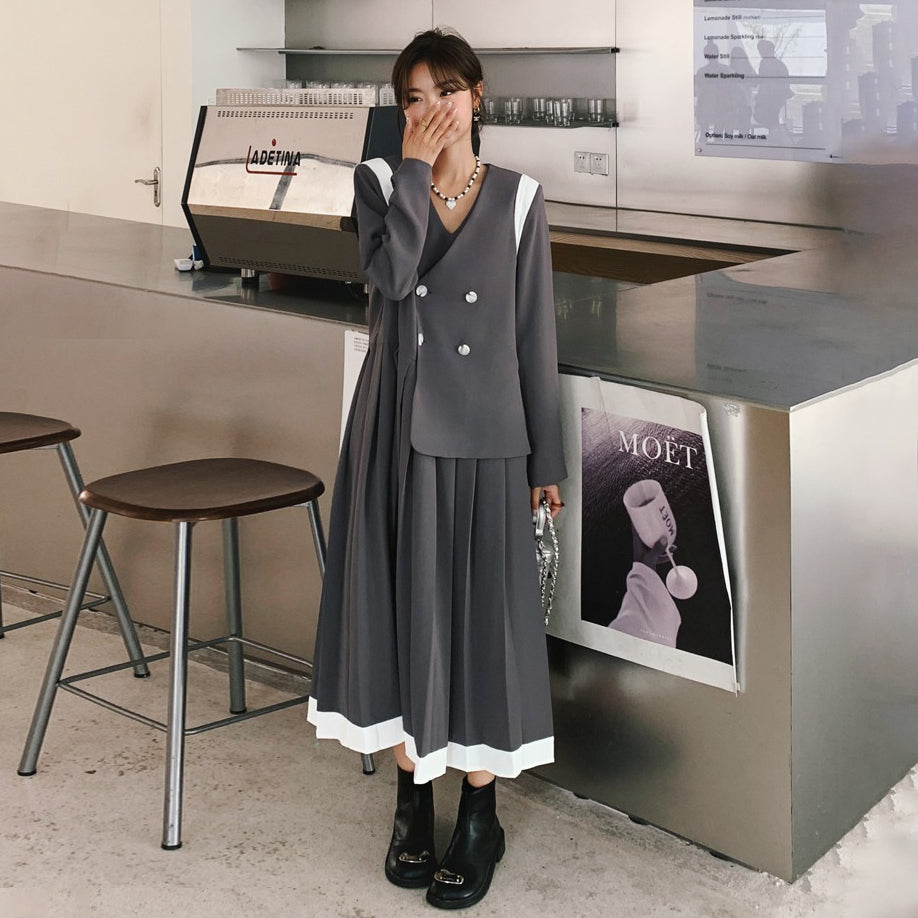 【ワンピース】配色 長袖ワンピース レディース 春秋 細見え 気質 スーツ風プリーツワンピース【JZシリーズ】